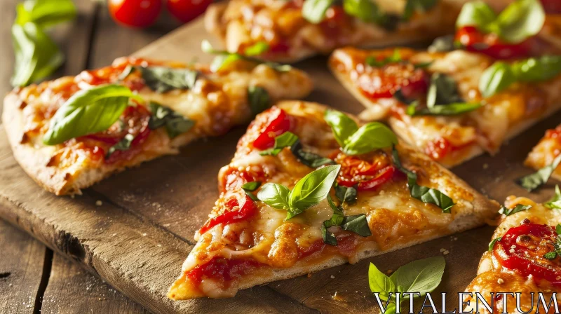 Delicious Pizza Photography: Crispy Crust, Melted Cheese, and Fresh Basil AI Image