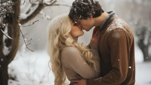 Emotionally-Charged Image of Couple Kissing in Snow