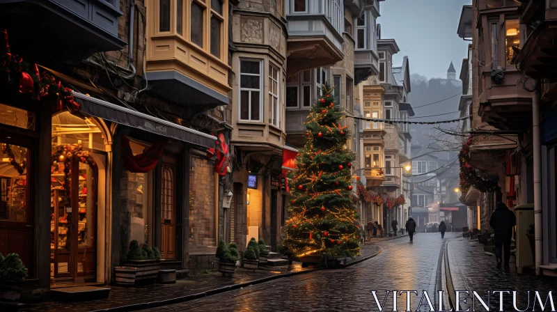 Enchanting Christmas Scene: City Street with Christmas Tree and Buildings AI Image