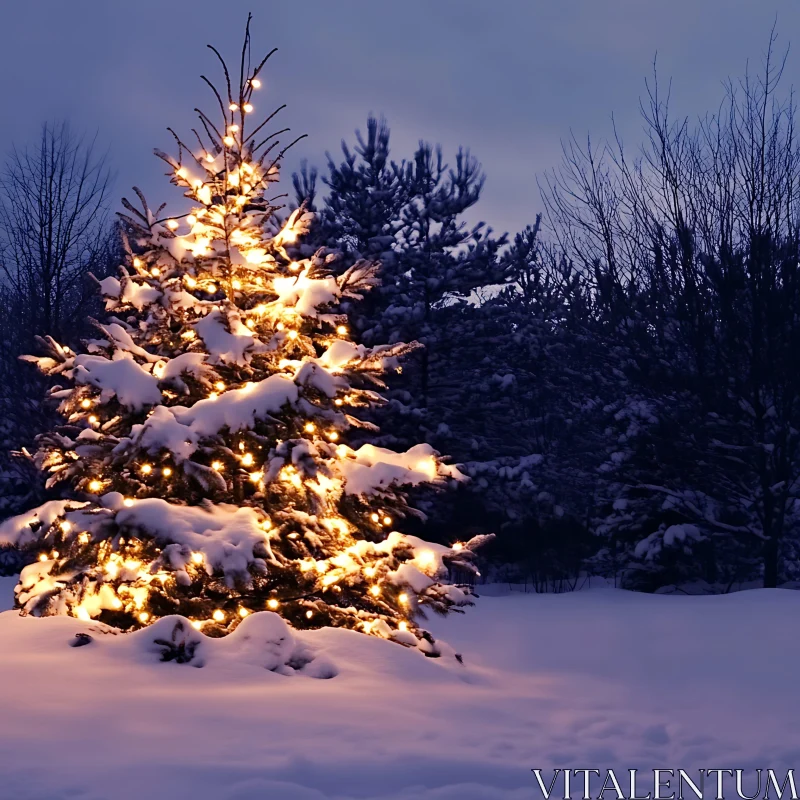 Snowy Christmas Tree with Lights AI Image