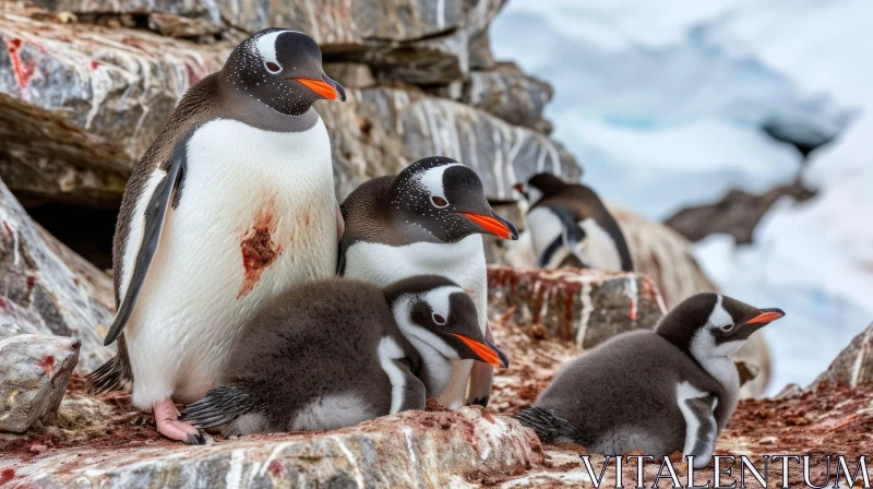 Group of Gentoo Penguins on Rocky Beach in Antarctica AI Image