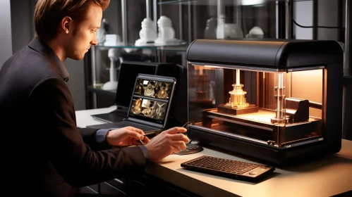 Man Operating 3D Printer with Computer Monitors