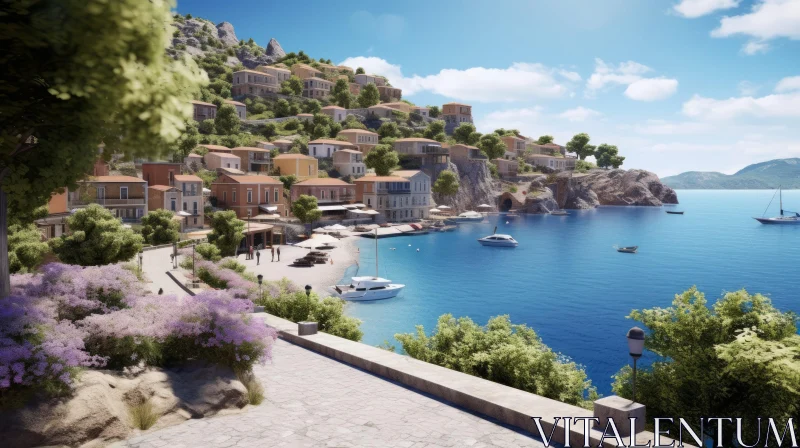 Serene Coastal Town: Greek Art and Architecture | Stunning Harbor Views AI Image