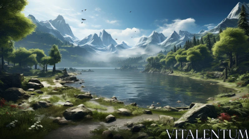 Serene Mountain Landscape with River and Trees AI Image