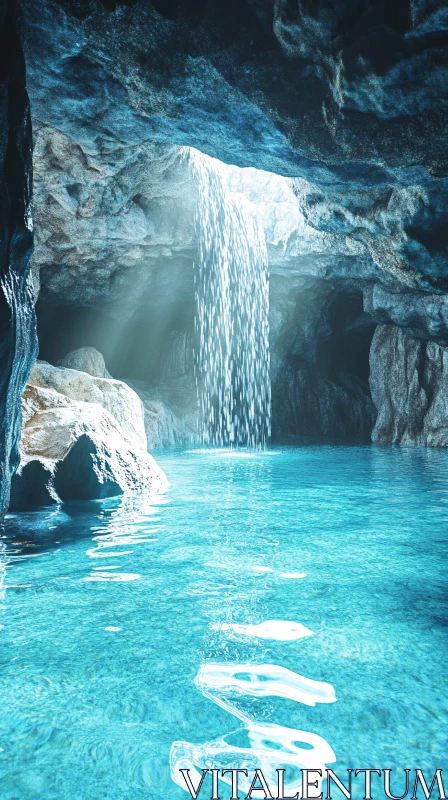 AI ART Serene Cave Waterfall and Illuminated Pool