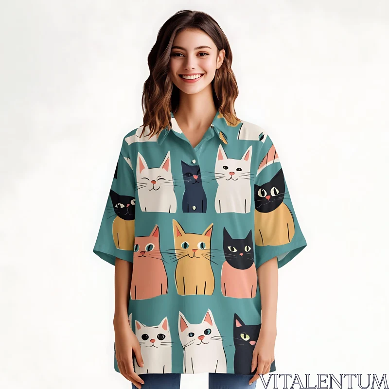 Stylish Cat Illustration Shirt on a Smiling Woman AI Image