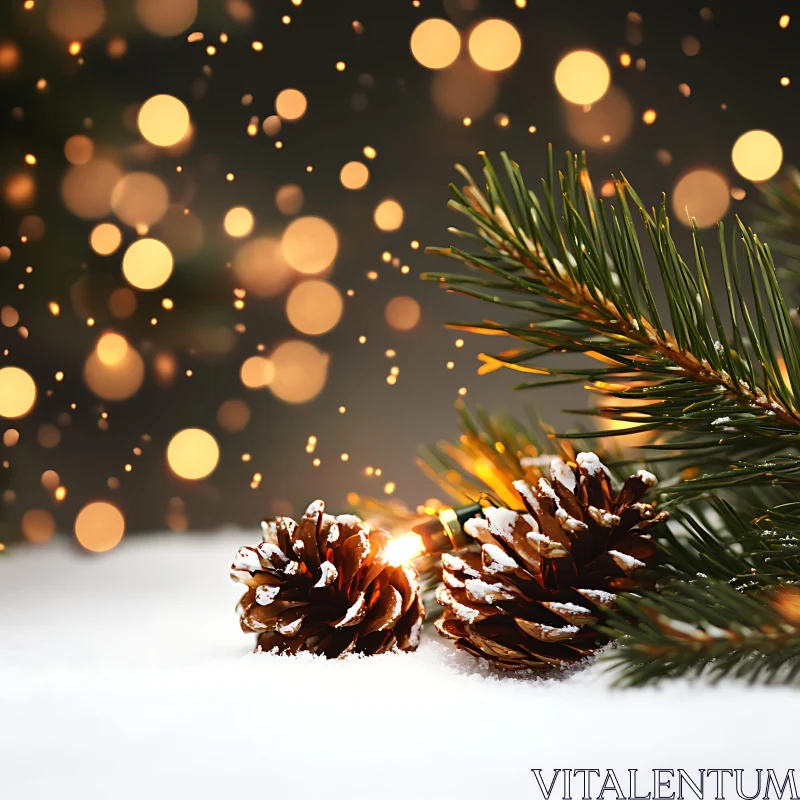 Pinecones in Snow with Festive Bokeh Lighting AI Image