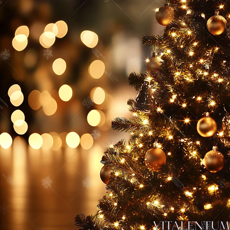 Christmas Tree with Gold Decorations and Bokeh Lights AI Image