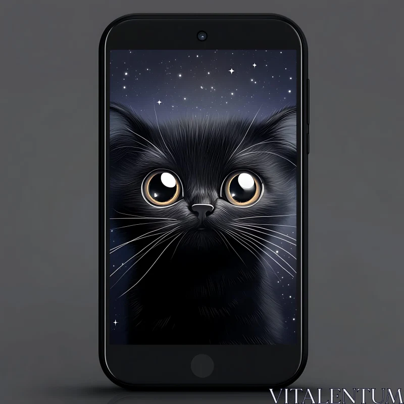 Mystical Black Cat Illustration on Phone AI Image