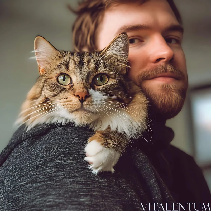 Man Holding Fluffy Cat on Shoulder AI Image