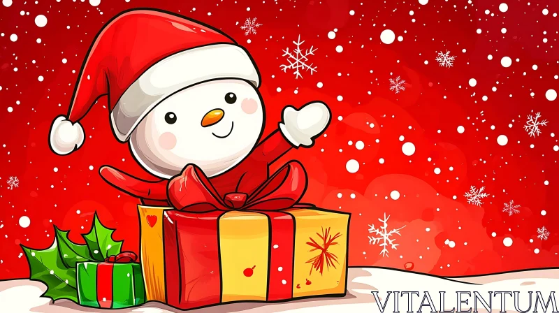 Festive Snowman Sitting on Wrapped Present Amidst Holiday Decorations AI Image