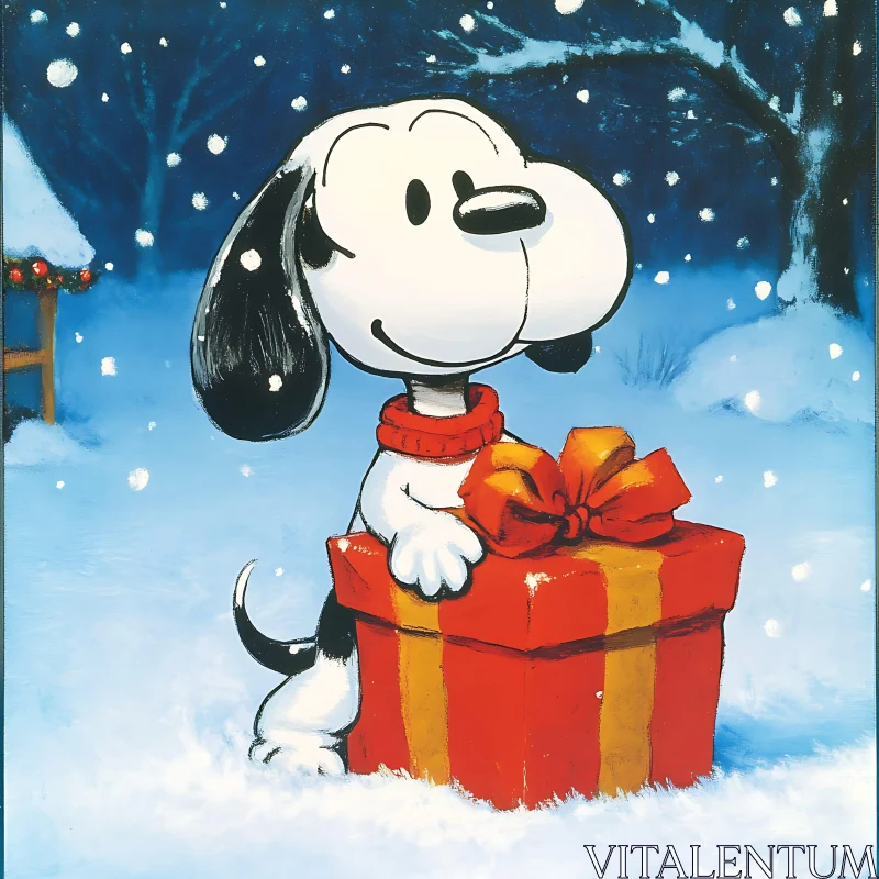 Joyful Cartoon Dog with Gift in Snowy Scene AI Image