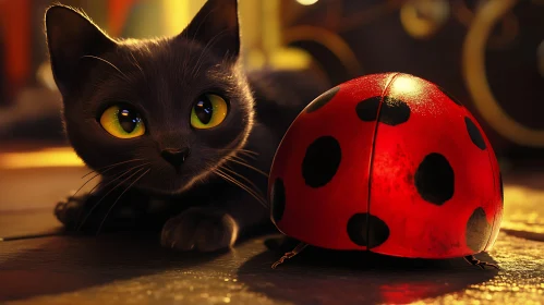 Black Kitten and Red Ladybug Interaction