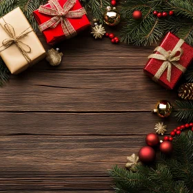 Christmas Gifts and Decor on Wooden Background