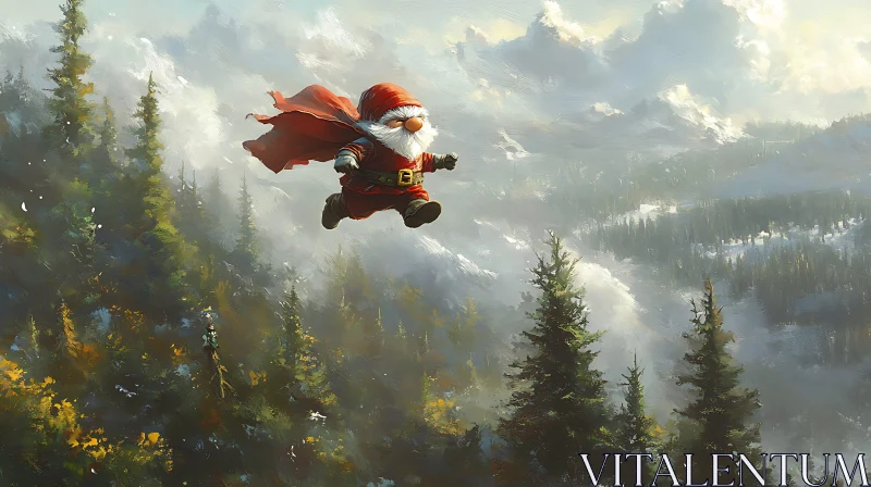 Gnome in a Red Cape Soaring Above Mountainous Forest AI Image