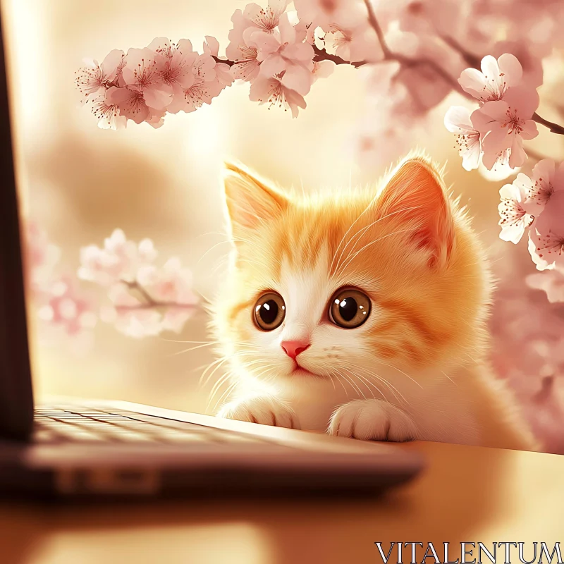 Cute Kitten and Cherry Blossoms AI Image