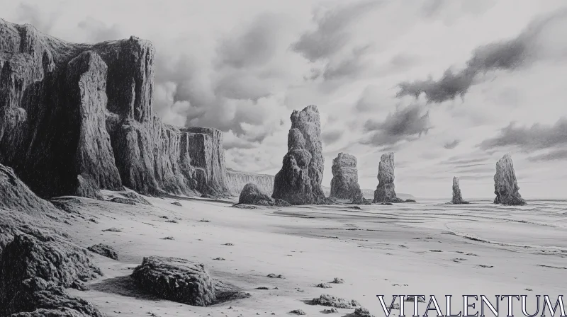 AI ART Monochrome Seascape with Towering Cliffs and Ocean Waves