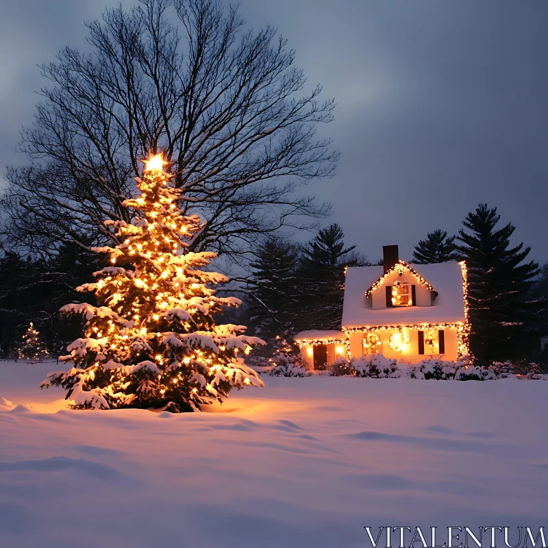 Snow-Covered Christmas Scene with Lit Tree and House AI Image