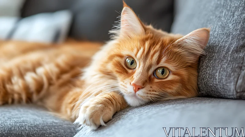 Relaxed Ginger Cat on Sofa AI Image