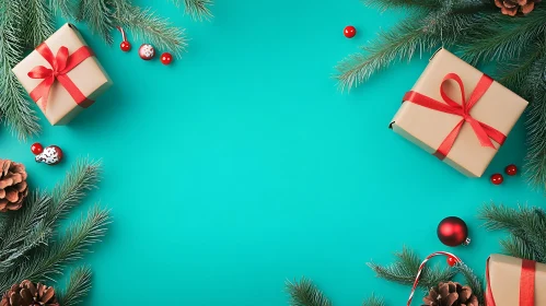 Christmas Scene with Wrapped Presents and Ornaments