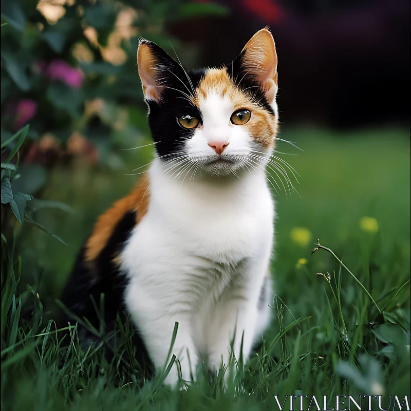 AI ART Amber-Eyed Cat Amidst Garden Greenery