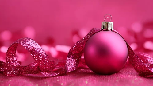 Pink Christmas Bauble and Glittery Ribbon in Festive Setting