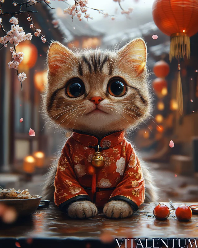 AI ART Kitten in Cultural Attire with Blossoms and Lanterns