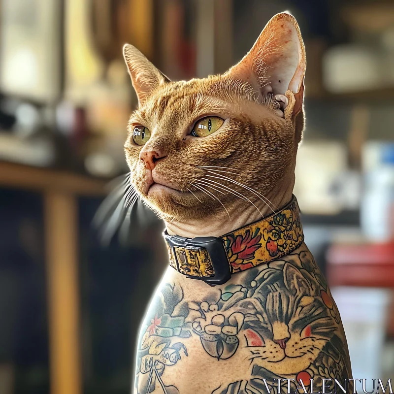 Tattooed Cat with Intricate Body Art AI Image