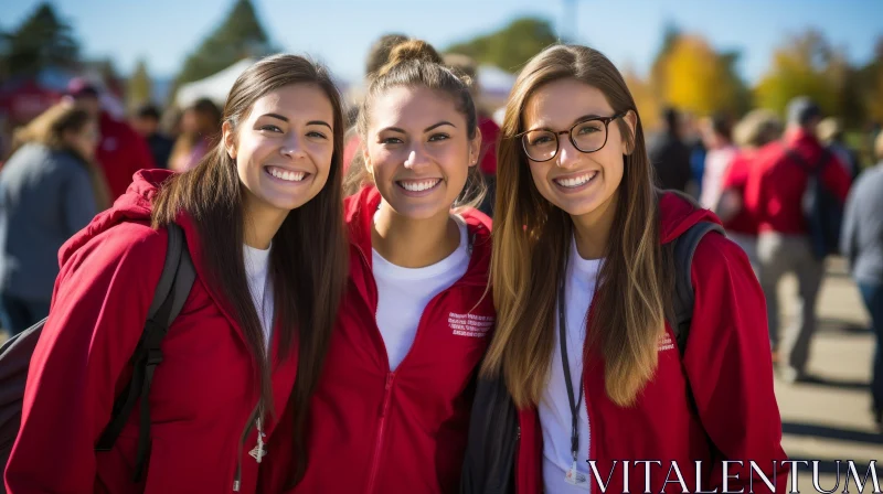 Cheerful Young Women in Red Jackets | Smiling Friends Photo AI Image
