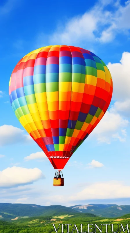 Colorful Hot Air Balloon Flight Over Serene Landscape AI Image