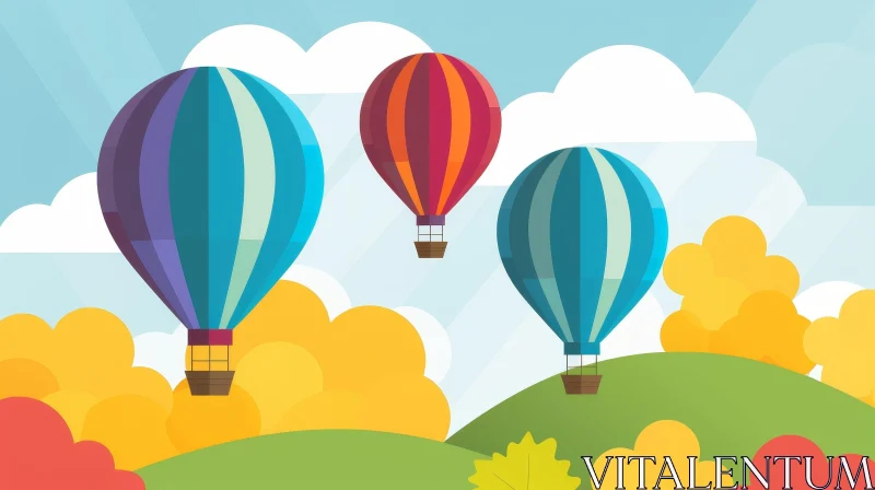Colorful Hot Air Balloons Flying Over Green Hill AI Image