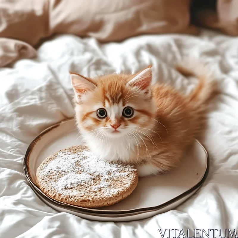 Curious Kitten with Dessert on Bed AI Image