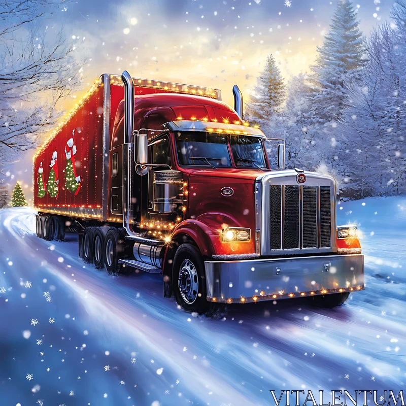 Christmas Light-Adorned Truck in Winter Forest AI Image