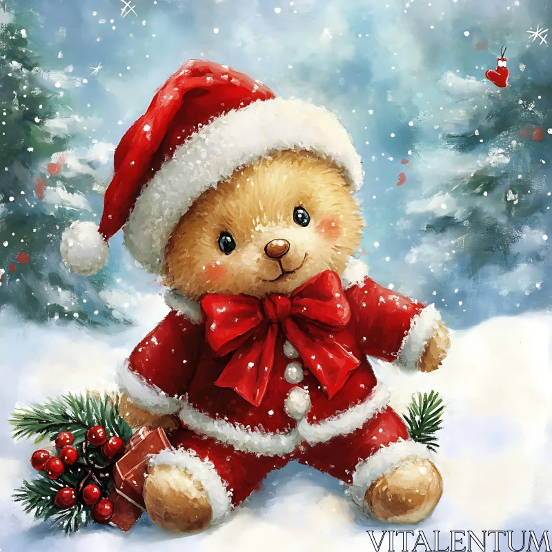 Holiday Teddy Bear in Snow AI Image