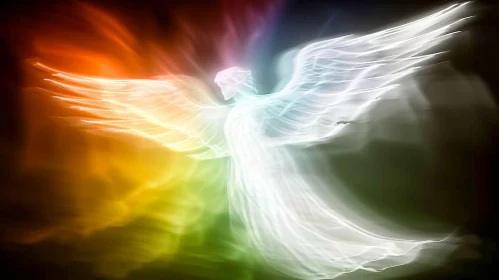 Ethereal Angel with Outstretched Wings and Rainbow Light