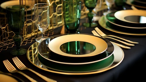 Exquisite Table Setting in Gold and Emerald with Bold Lines