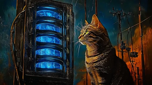 Urban Night Scene with Cat and Blue Glowing Device