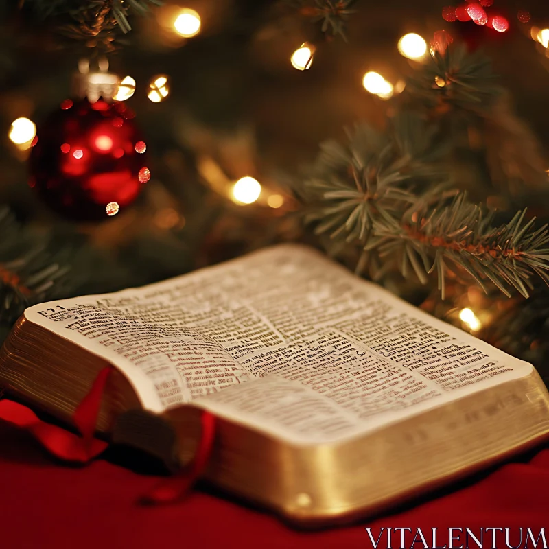 Bible with Christmas Ornament and Lights AI Image