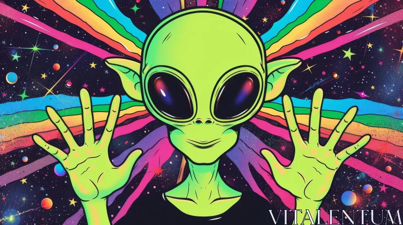 Green Alien Cartoon Illustration in Psychedelic Space Scene AI Image