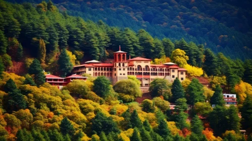 Hillside Castle in Vibrant Autumn Forest: A Captivating Image of Nature