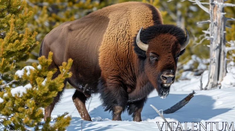 Majestic Bison in a Snowy Forest - Aggressive Wildlife Photography AI Image