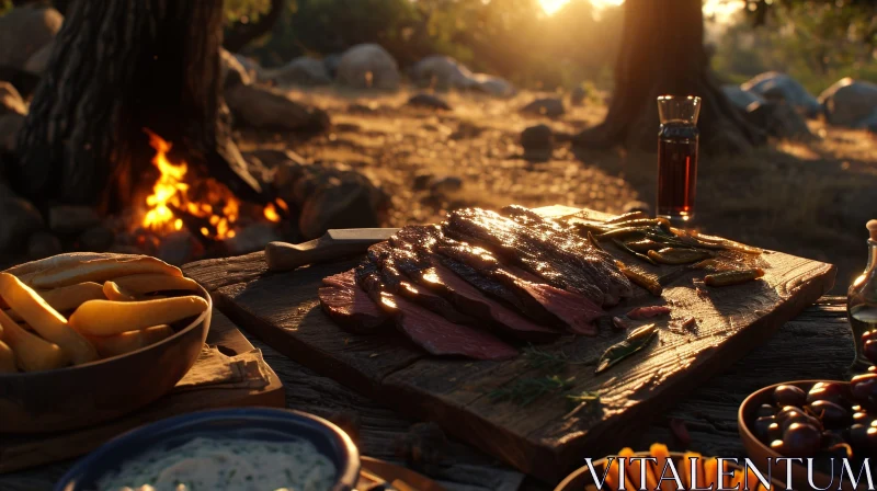 Rustic Wilderness Meal: A Tranquil Scene with a Wooden Table and Delightful Food AI Image