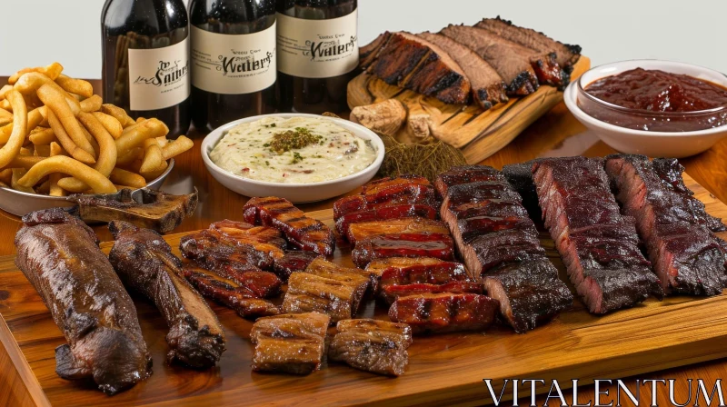 Wooden Table Still Life with Grilled Meats, Wine, and Fries AI Image