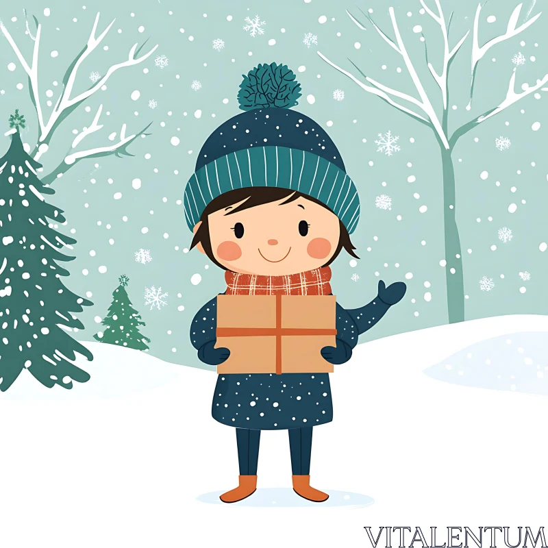 Delightful Snowy Scene with a Child and Gift AI Image