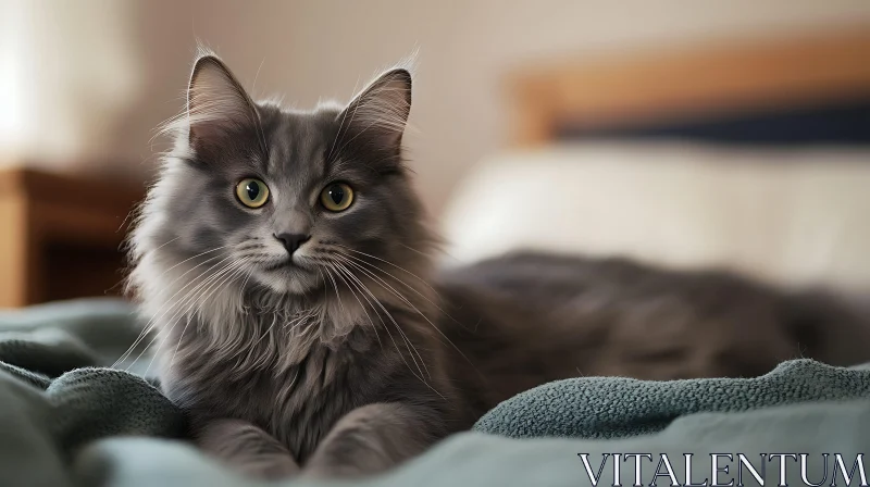 Comfortable Grey Cat on Bed with Soft Blankets AI Image