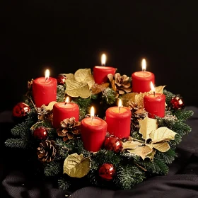 Holiday Wreath with Lit Candles and Pinecones