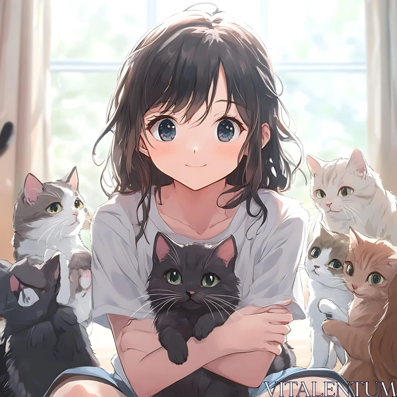 Anime Girl Surrounded by Cats AI Image