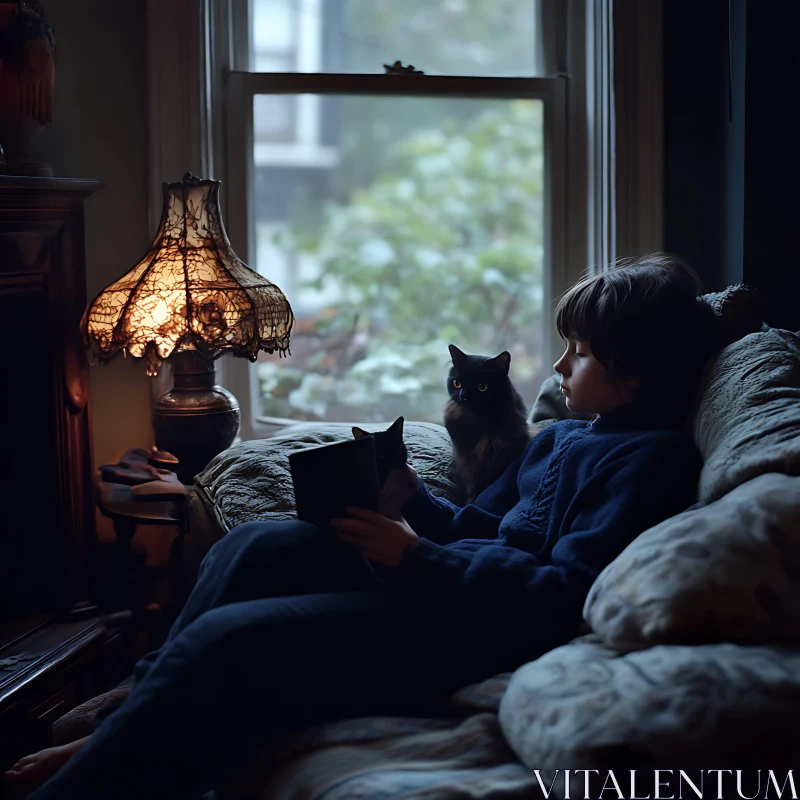 Child Reading Indoors with Cat AI Image