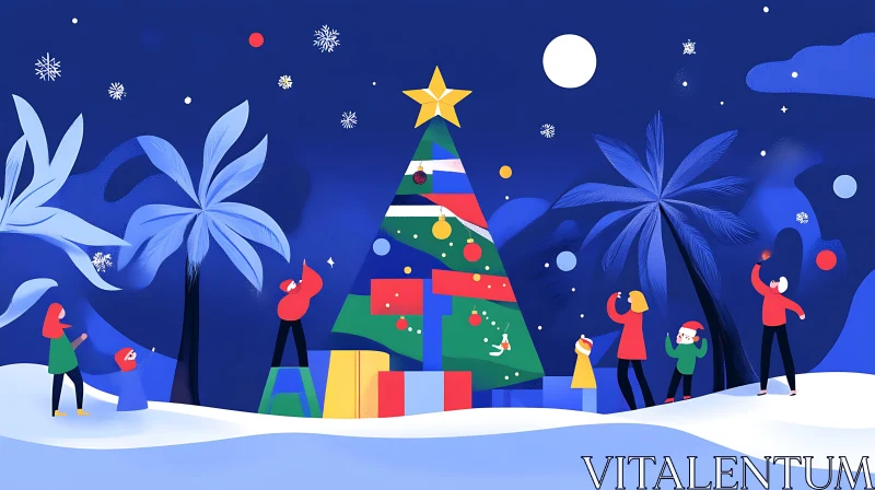 Holiday Scene with Christmas Tree and Joyful People AI Image