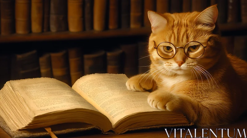 Studious Cat in Glasses Reading in a Library AI Image